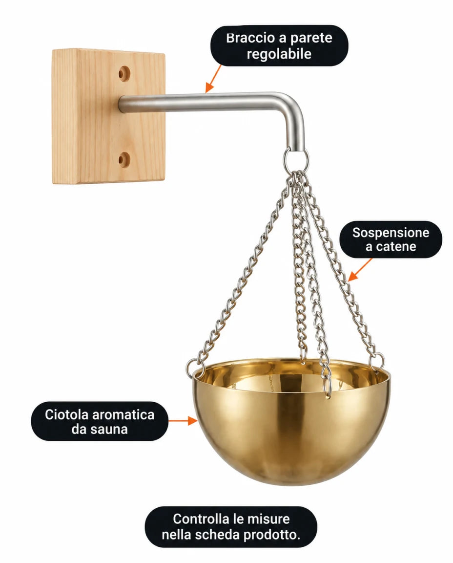 Ciotola aromatica da sauna · Sospensione a catene · Braccio a parete regolabile · Controlla le misure nella scheda prodotto