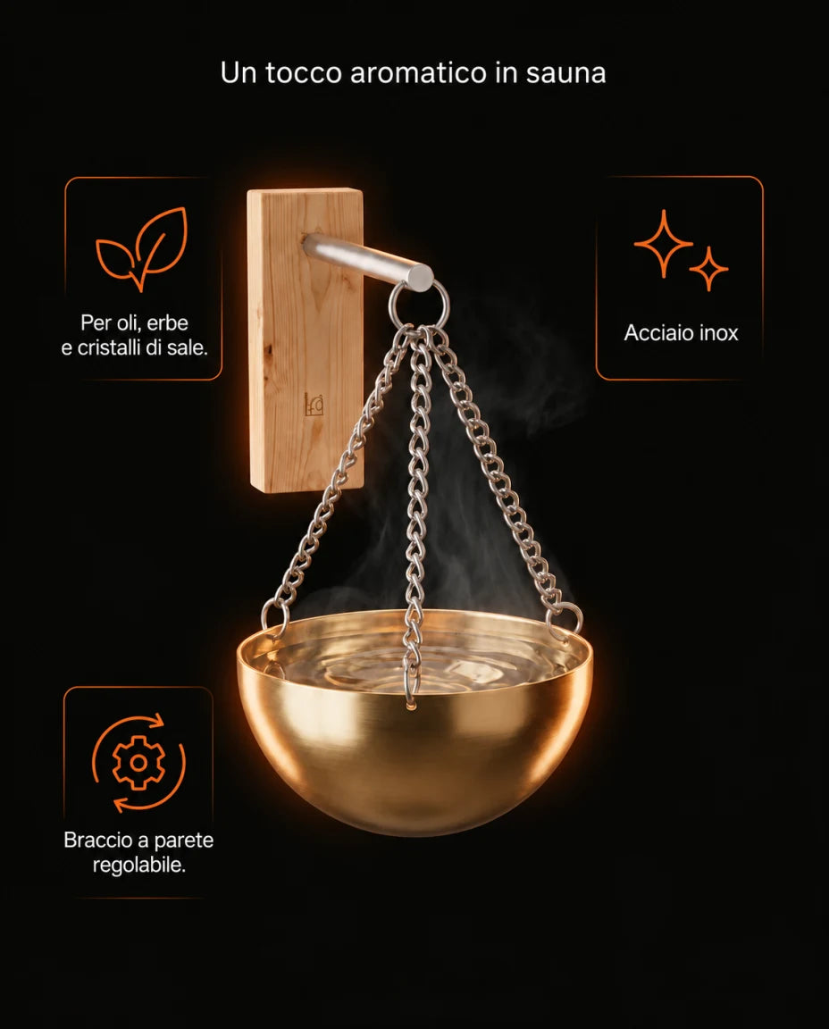 Un tocco aromatico in sauna · Acciaio inox · Braccio a parete regolabile · Per oli, erbe e cristalli di sale