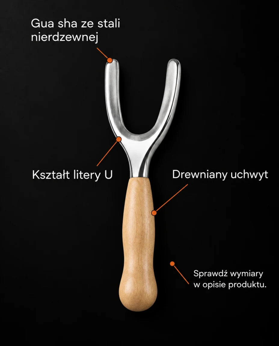Gua sha ze stali nierdzewnej · Drewniany uchwyt · Kształt litery U · Sprawdź wymiary w opisie produktu