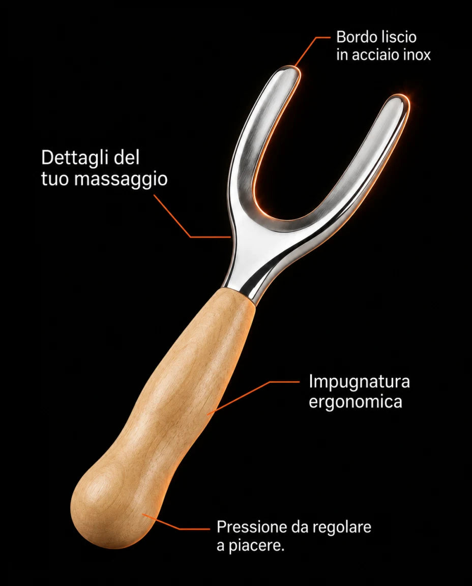 Dettagli del tuo massaggio · Bordo liscio in acciaio inox · Impugnatura ergonomica · Pressione da regolare a piacere