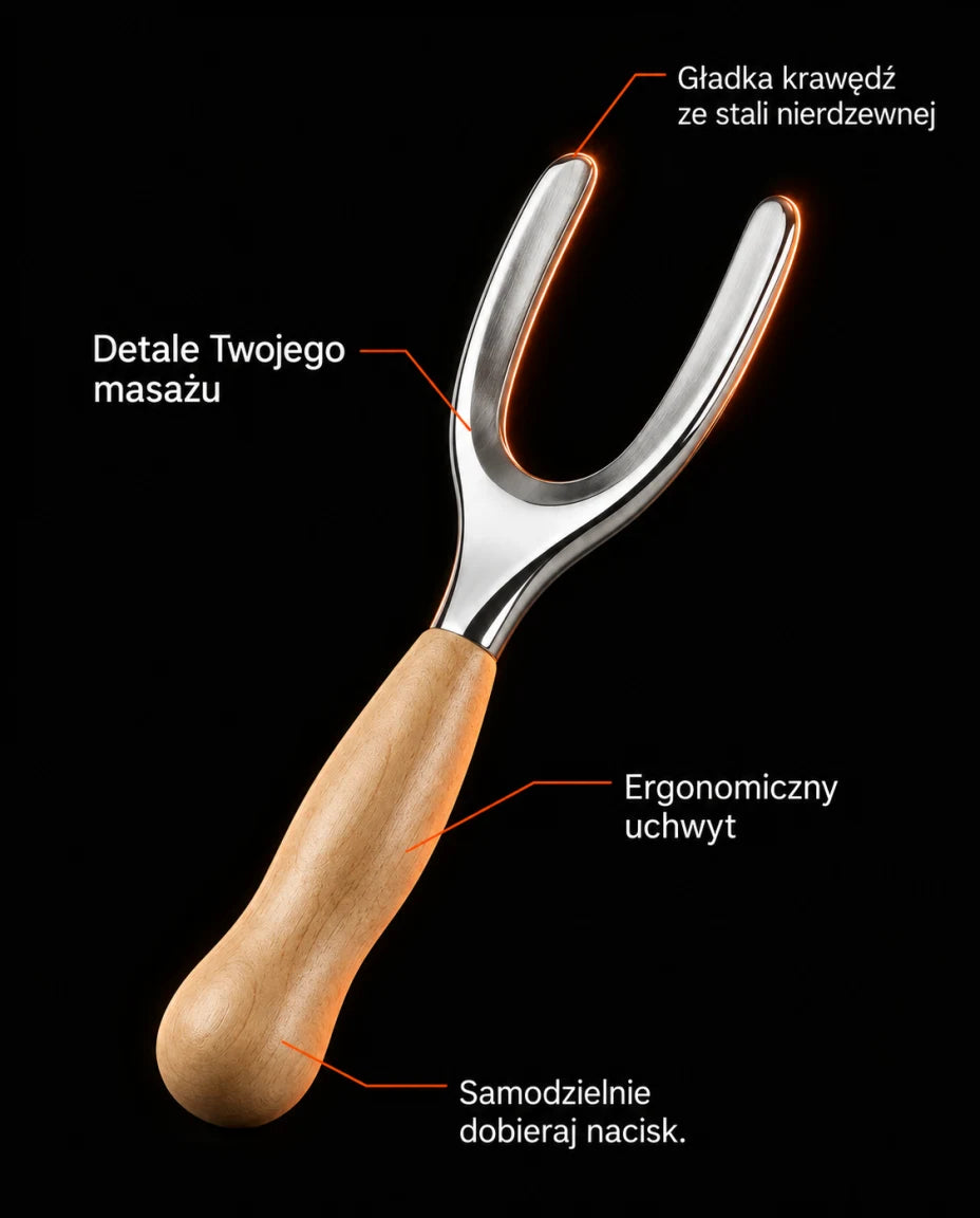 Detale Twojego masażu · Gładka krawędź ze stali nierdzewnej · Ergonomiczny uchwyt · Samodzielnie dobieraj nacisk