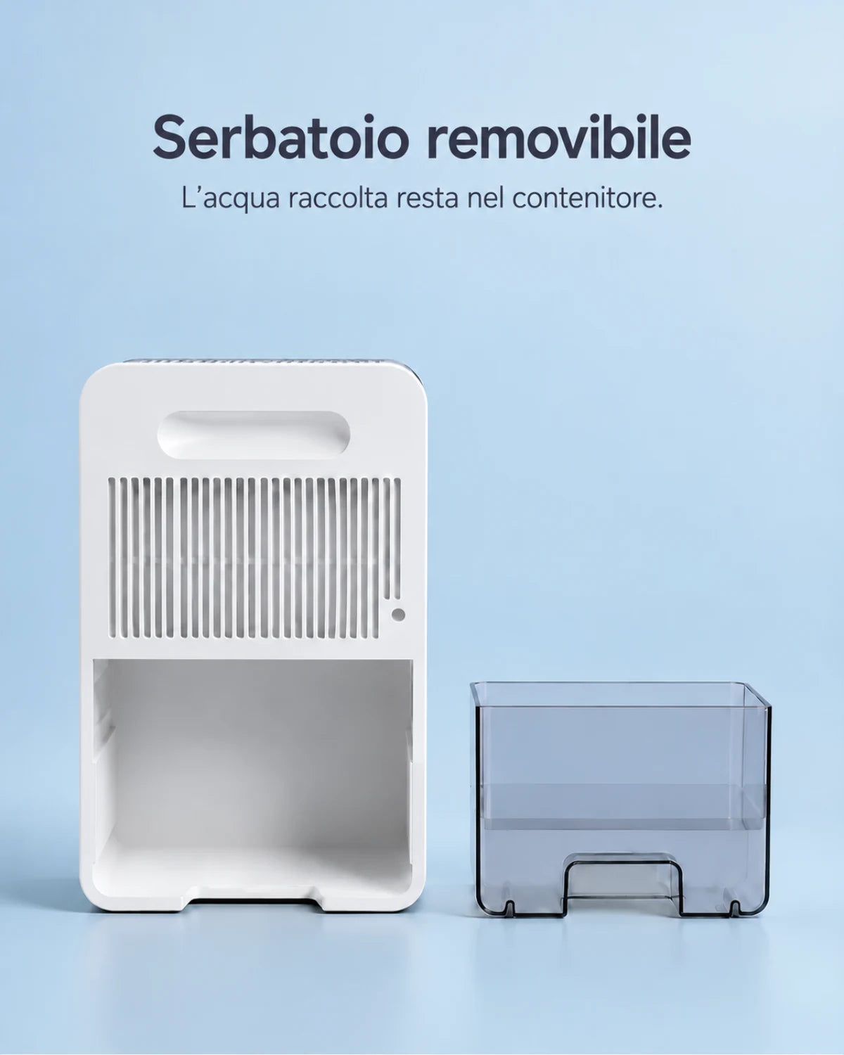 Serbatoio removibile · L’acqua raccolta resta nel contenitore.