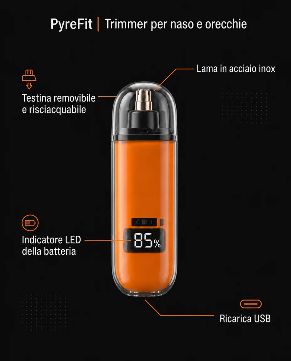Trimmer per naso e orecchie · Lama in acciaio inox · Testina removibile e risciacquabile · Indicatore LED della batteria · Ricarica USB