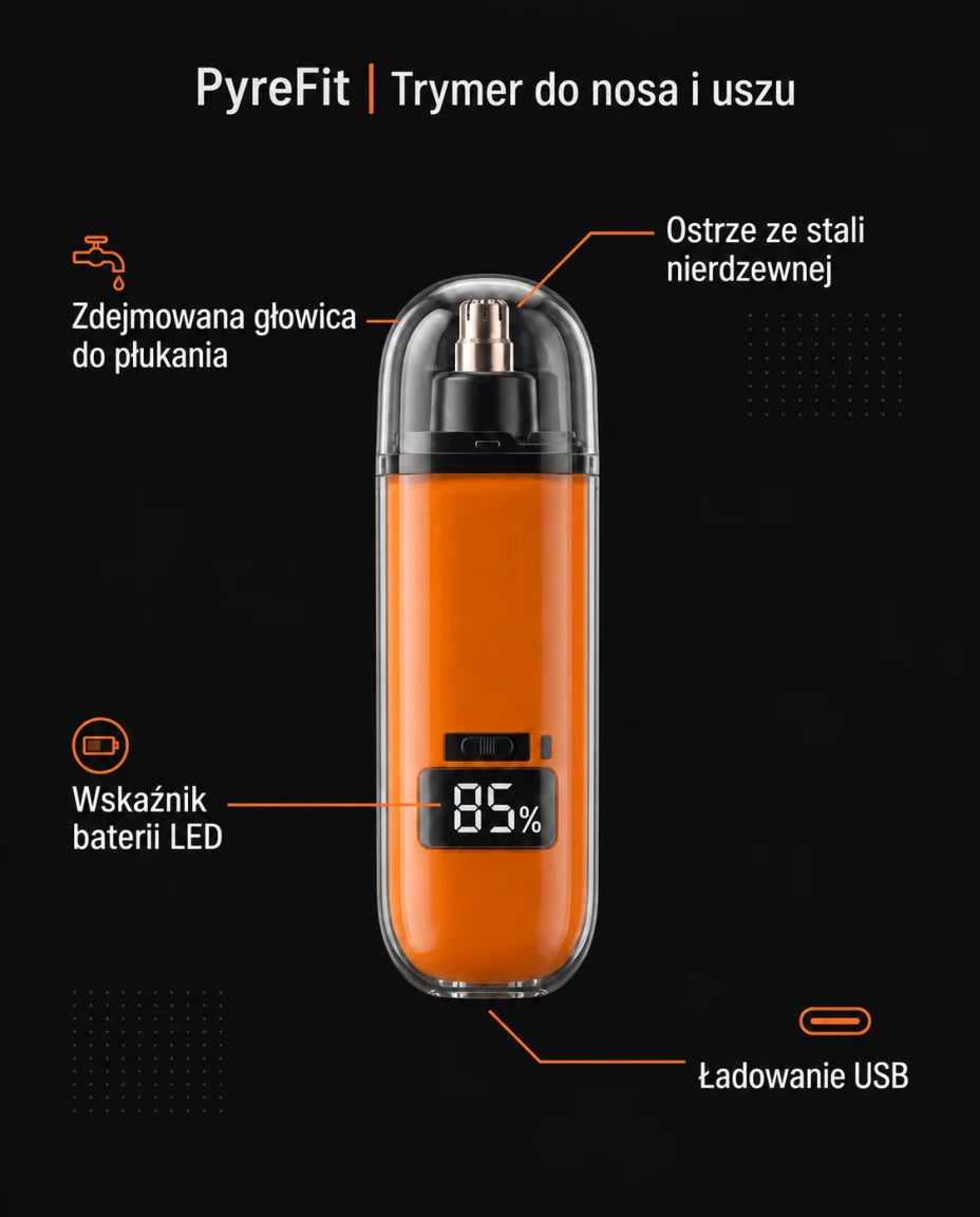Trymer do nosa i uszu · Ostrze ze stali nierdzewnej · Zdejmowana głowica do płukania · Wskaźnik baterii LED · Ładowanie USB
