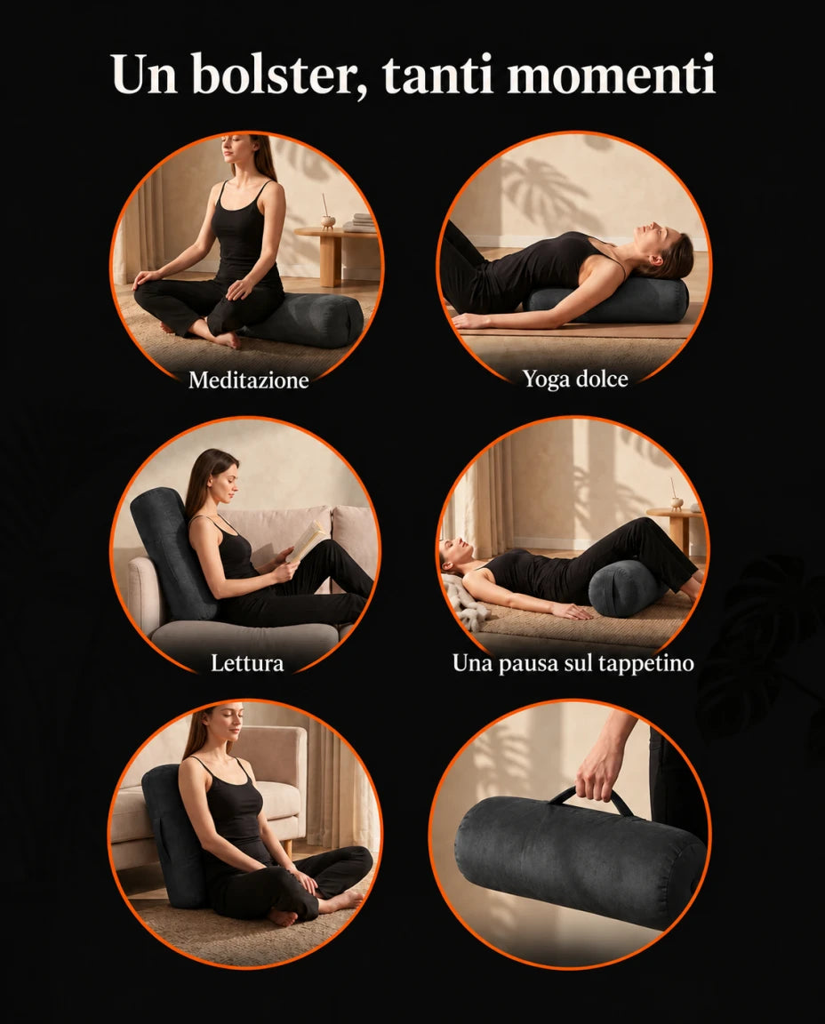 Un bolster, tanti momenti — Meditazione — Yoga dolce — Lettura — Una pausa sul tappetino