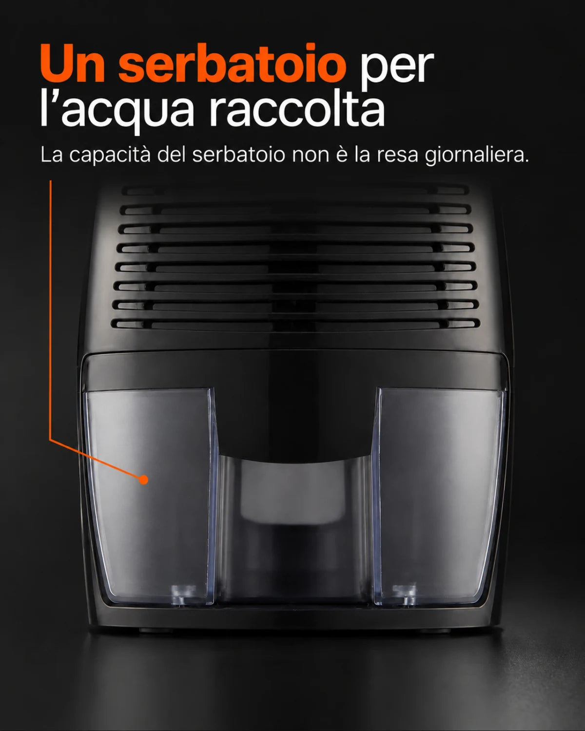 Mini deumidificatore nero — Un serbatoio per l’acqua raccolta; La capacità del serbatoio non è la resa giornaliera.