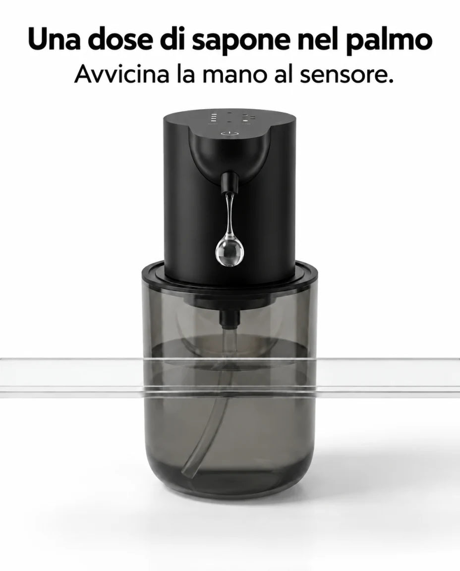 Dispenser automatico di sapone liquido — Una dose di sapone nel palmo; Avvicina la mano al sensore.