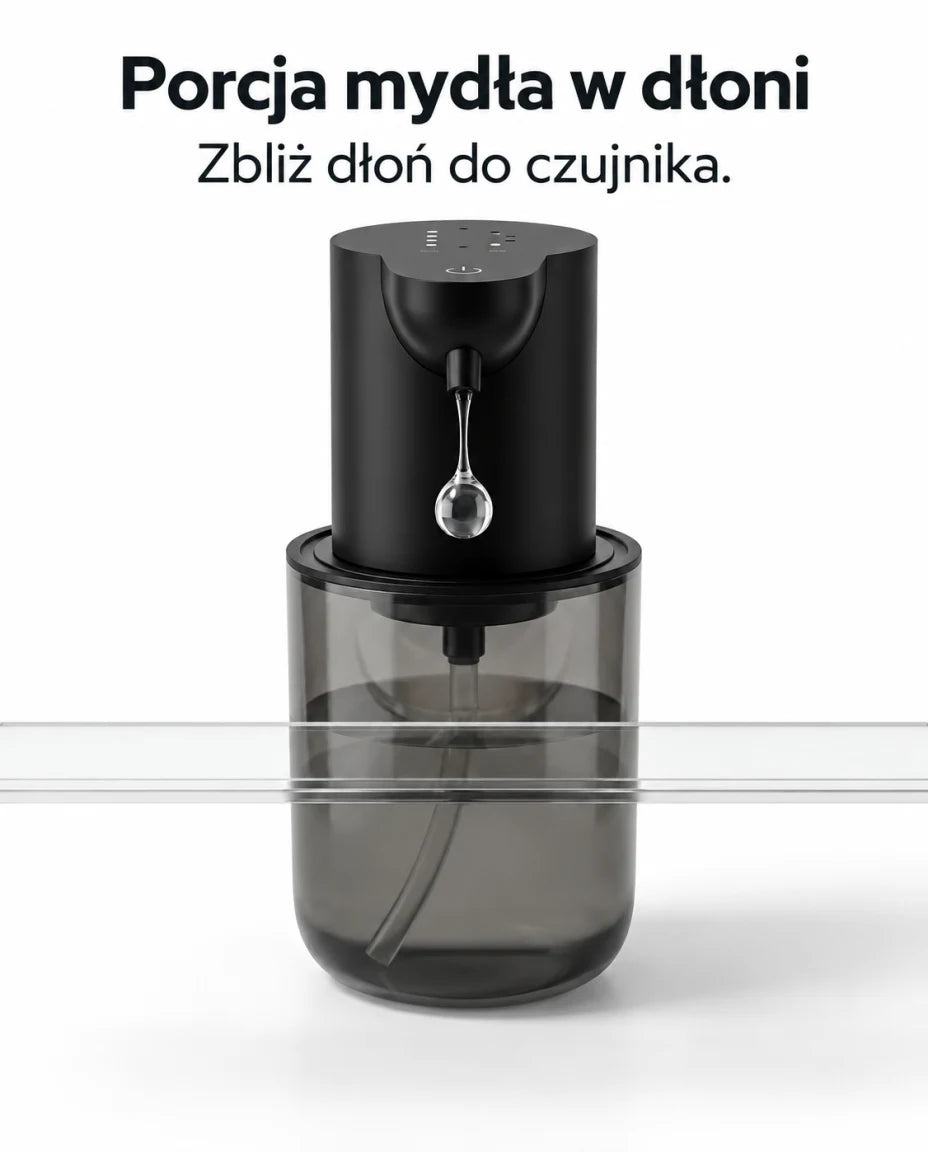 Automatyczny dozownik mydła w płynie — Porcja mydła w dłoni; Zbliż dłoń do czujnika.
