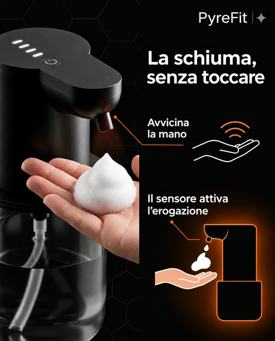 Dispenser automatico di sapone in schiuma — PyreFit; La schiuma, senza toccare