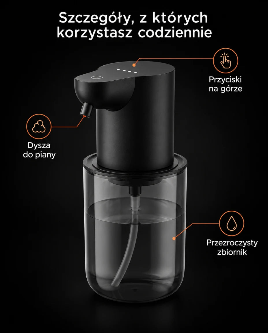 Automatyczny dozownik mydła w pianie — Szczegóły, z których korzystasz codziennie; Przyciski na górze
