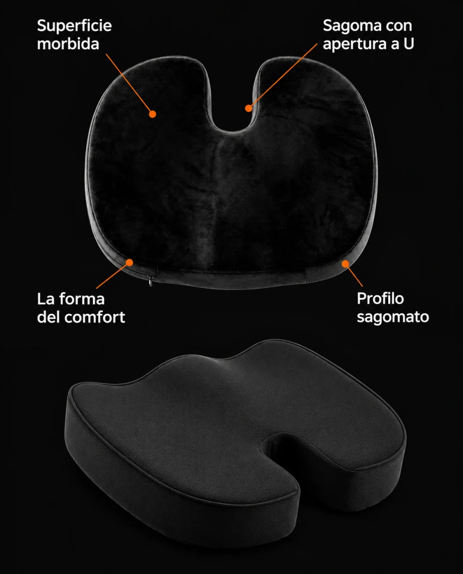 Cuscino da seduta sagomato nero — La forma del comfort; Sagoma con apertura a U
