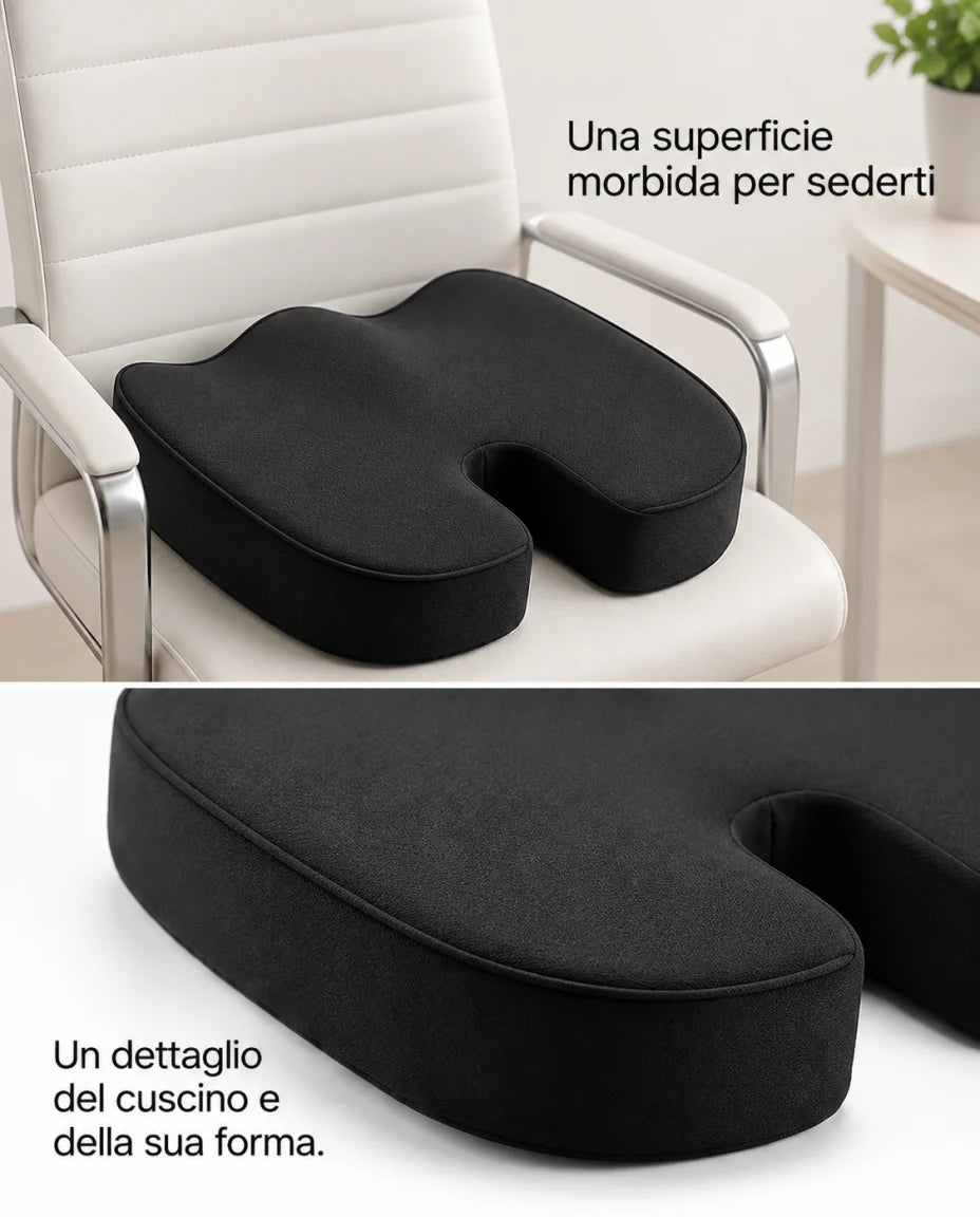 Cuscino da seduta sagomato nero — Una superficie morbida per sederti; Un dettaglio del cuscino e della sua forma.