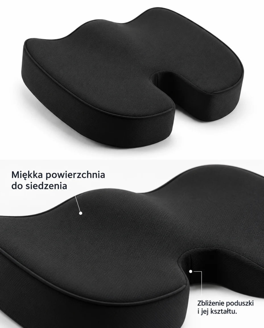 Czarna profilowana poduszka do siedzenia — Miękka powierzchnia do siedzenia; Zbliżenie poduszki i jej kształtu.