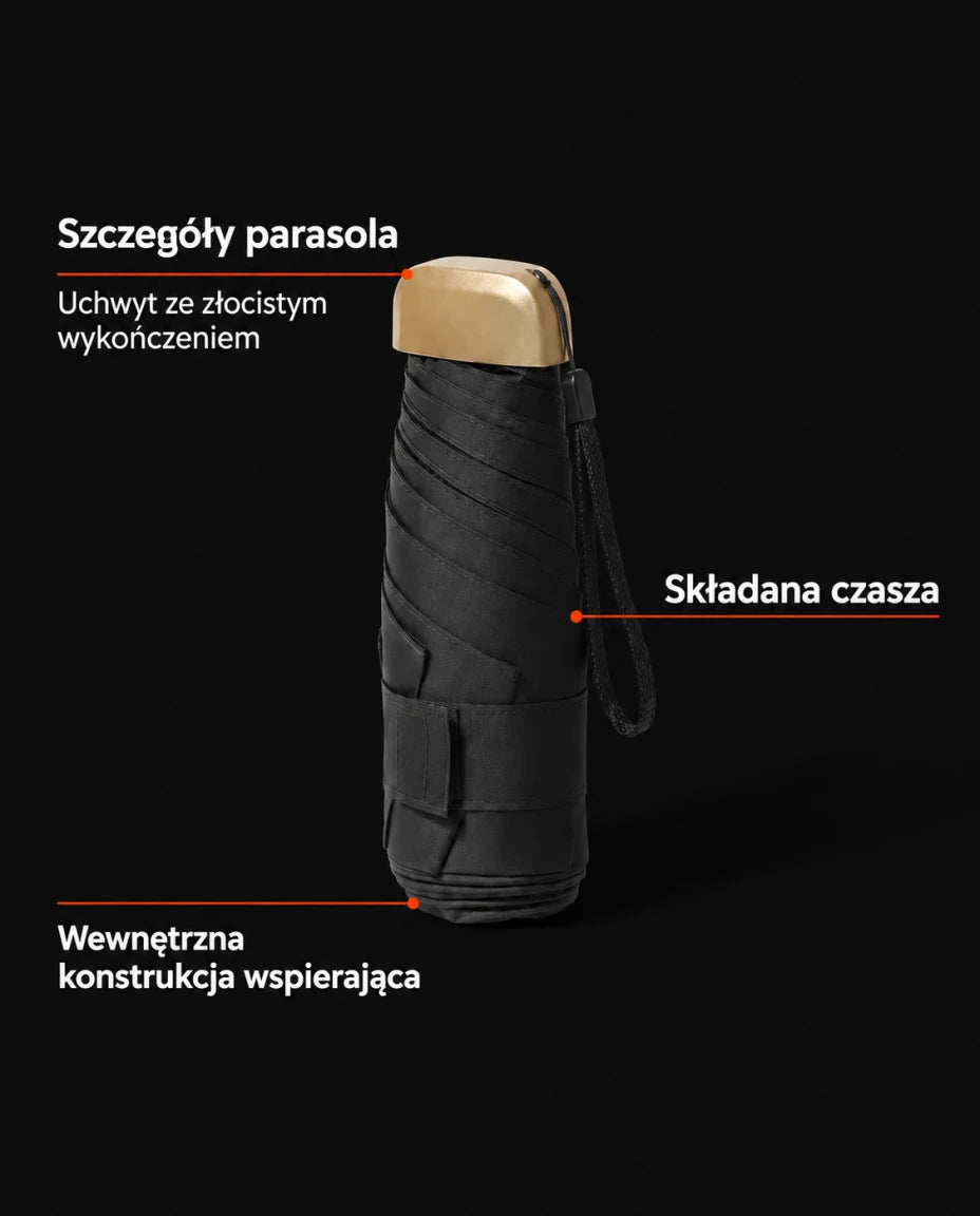 Kompaktowy parasol składany — Szczegóły parasola; Uchwyt ze złocistym wykończeniem