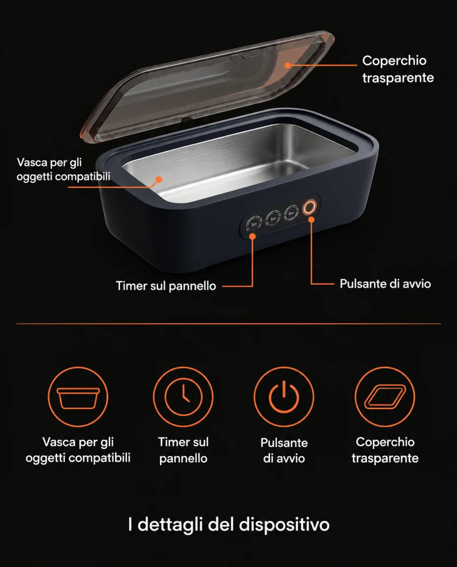I dettagli del dispositivo — Vasca per gli oggetti compatibili — Timer sul pannello — Pulsante di avvio — Coperchio trasparente