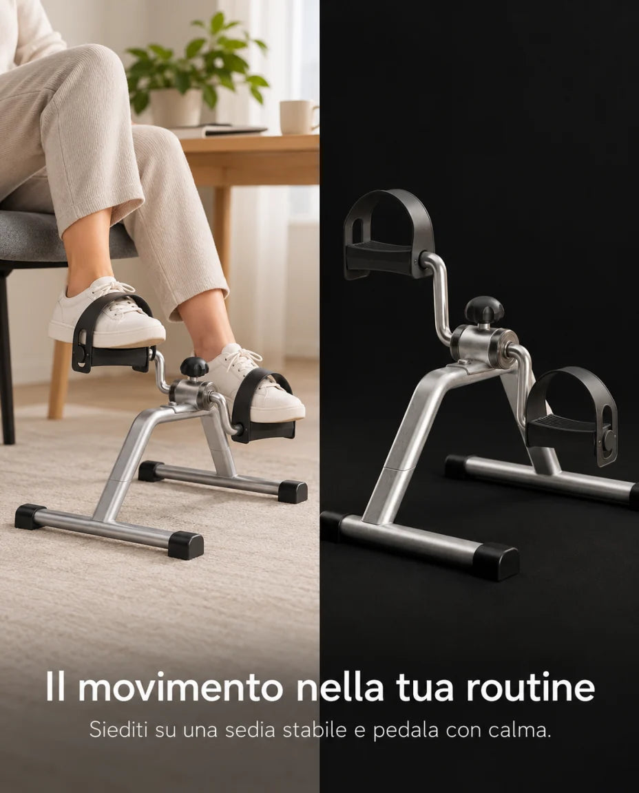 Il movimento nella tua routine — Siediti su una sedia stabile e pedala con calma.