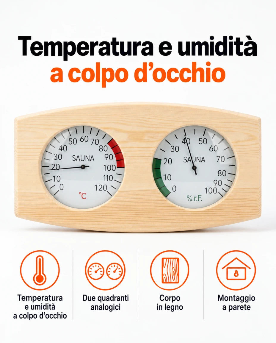 Temperatura e umidità a colpo d’occhio — Due quadranti analogici — Corpo in legno — Montaggio a parete