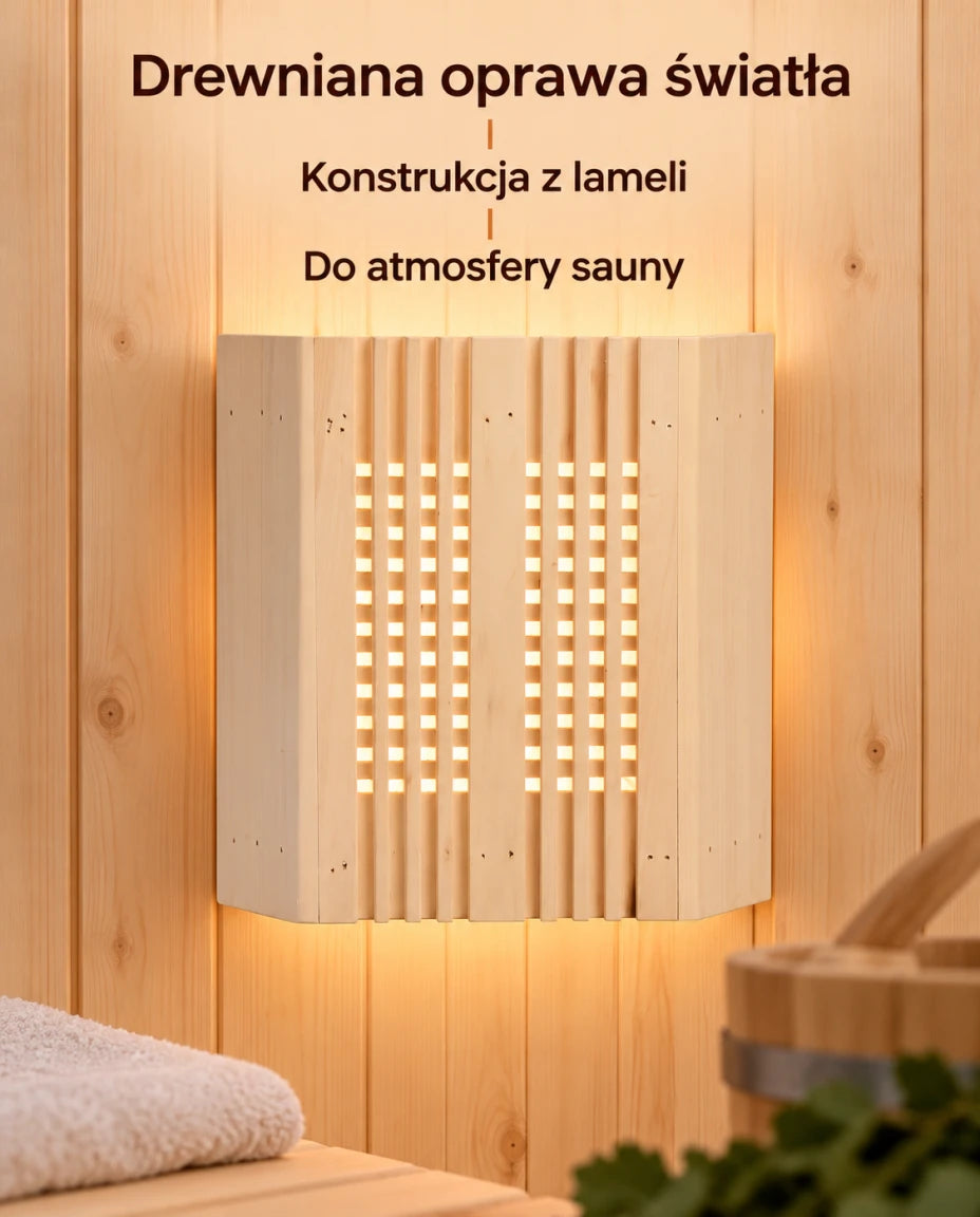 Drewniana oprawa światła — Konstrukcja z lameli — Do atmosfery sauny