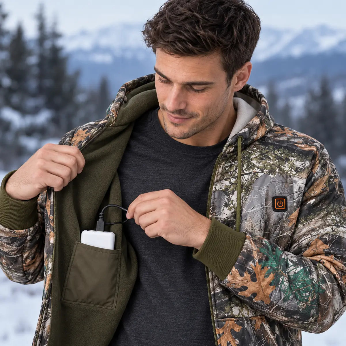 PyreFit Zippo – Felpa riscaldata con cappuccio fantasia bosco
