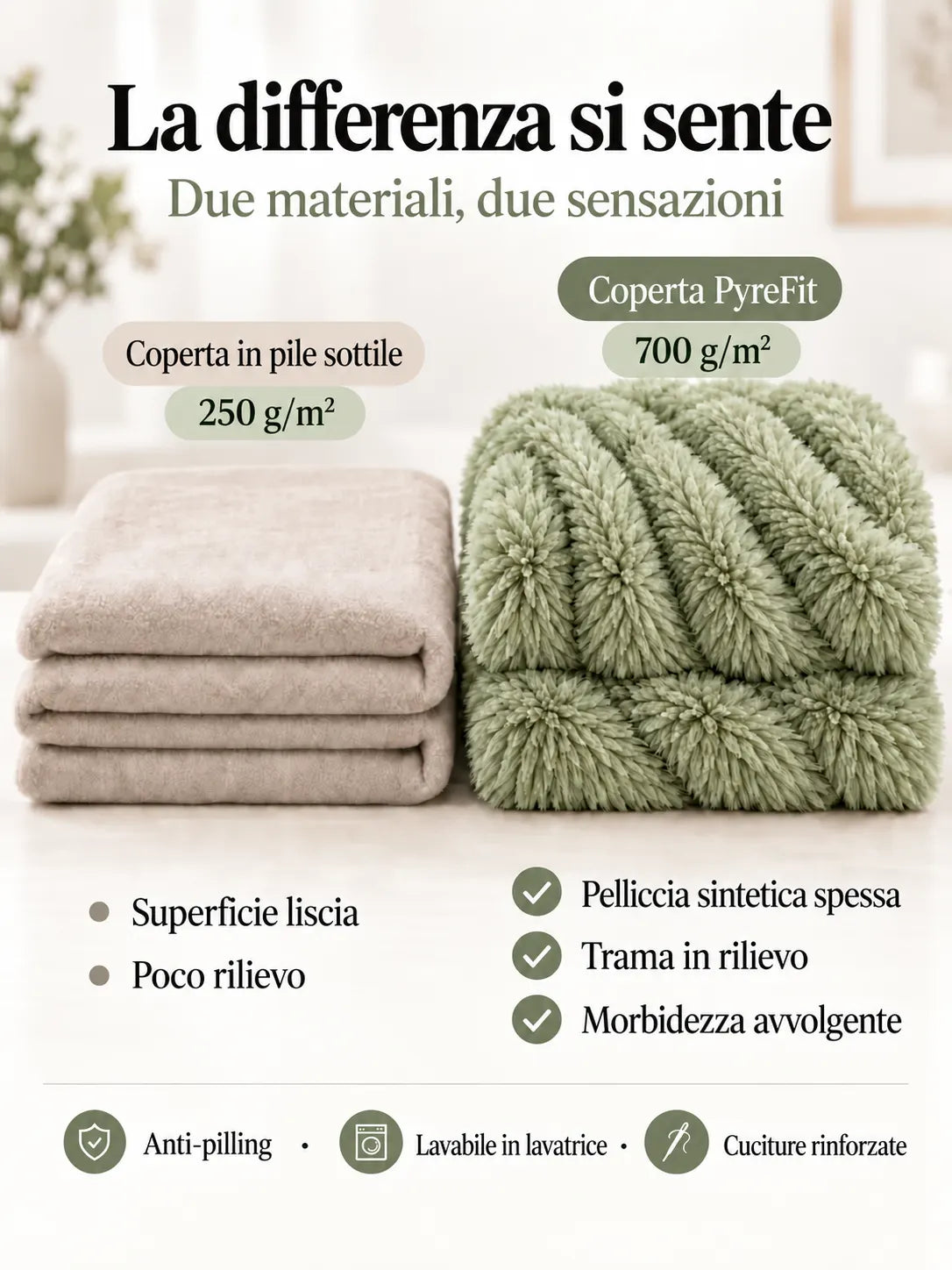 Confronto dei materiali della coperta Verde salvia