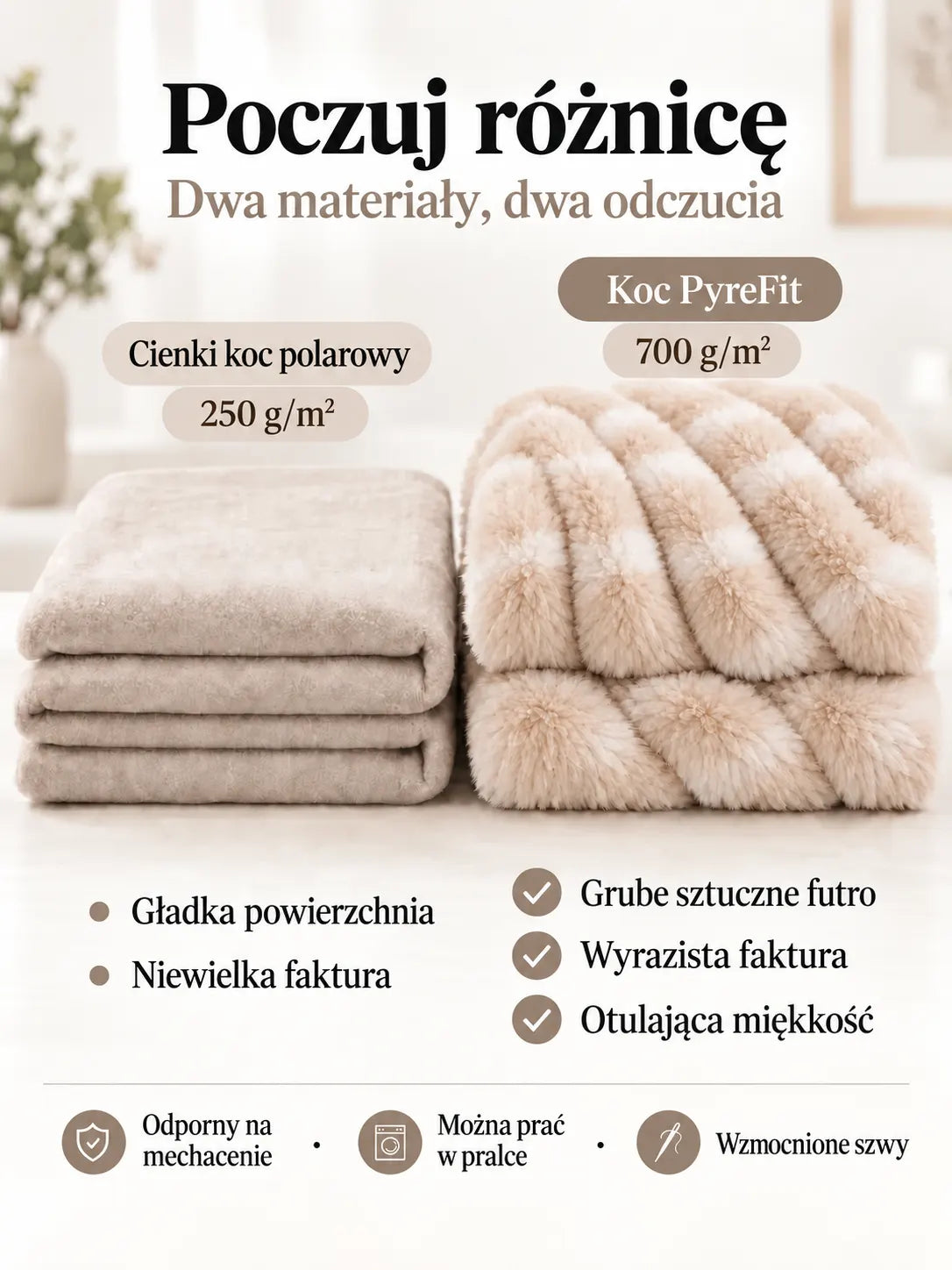 Porównanie materiałów koca Beżowy