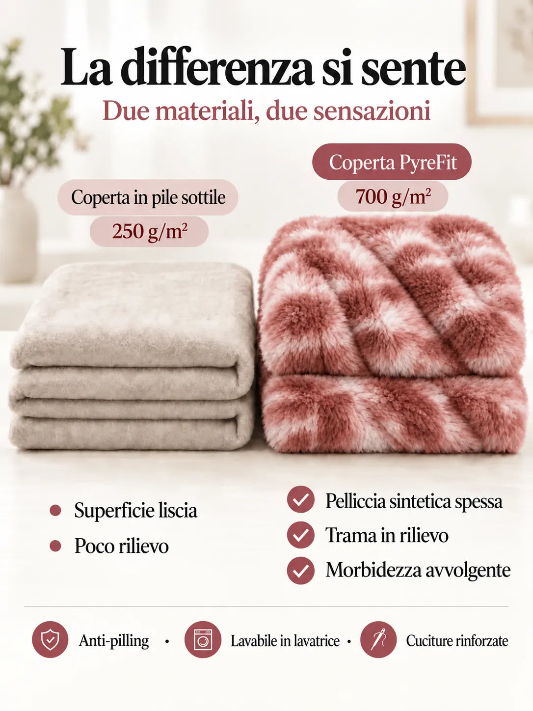Confronto dei materiali della coperta Rosa mélange