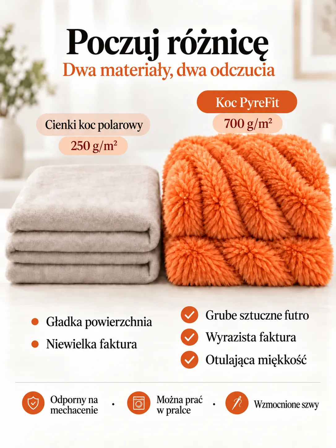 Porównanie materiałów koca Pomarańczowy
