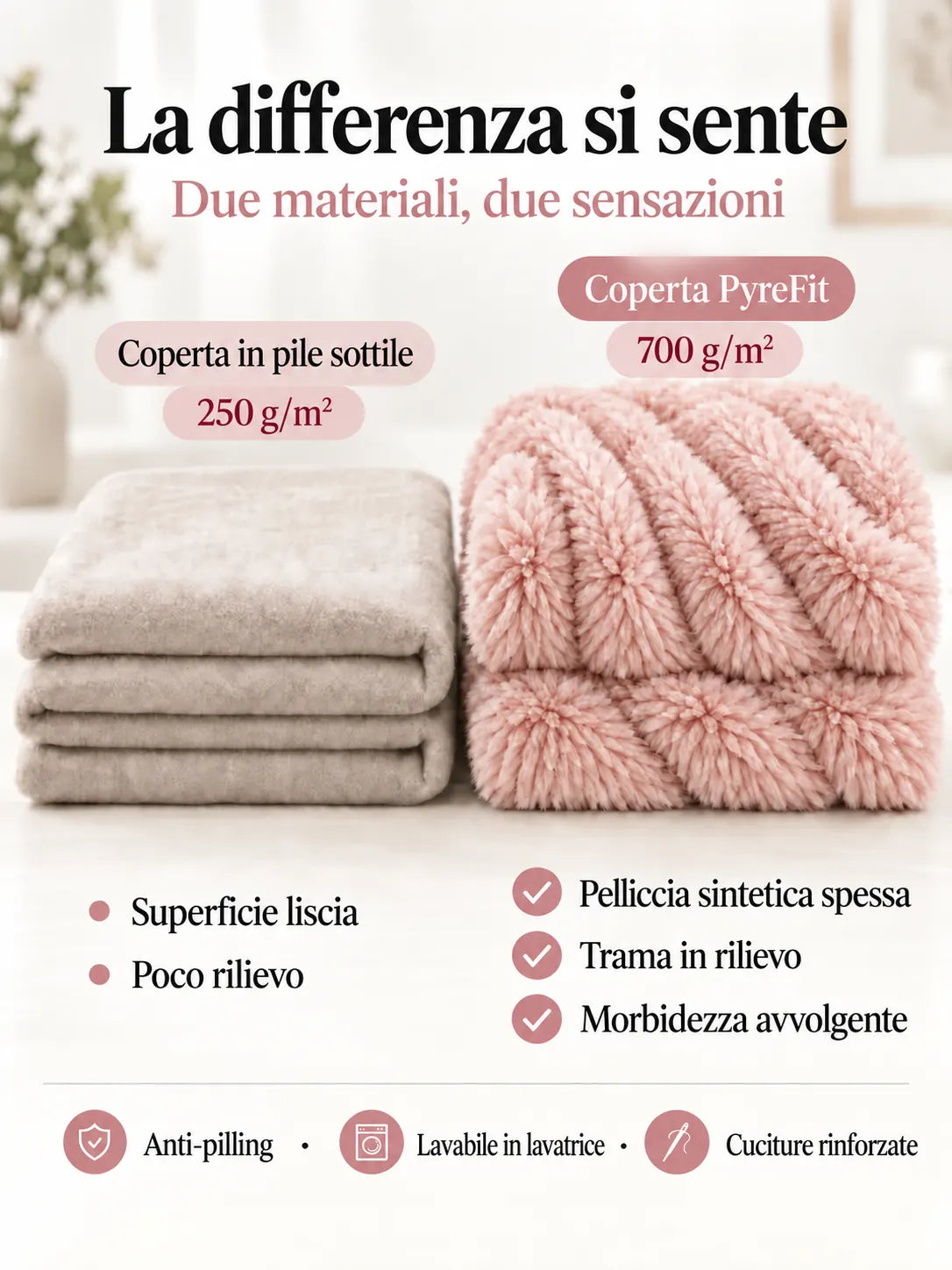 Confronto dei materiali della coperta Rosa cipria