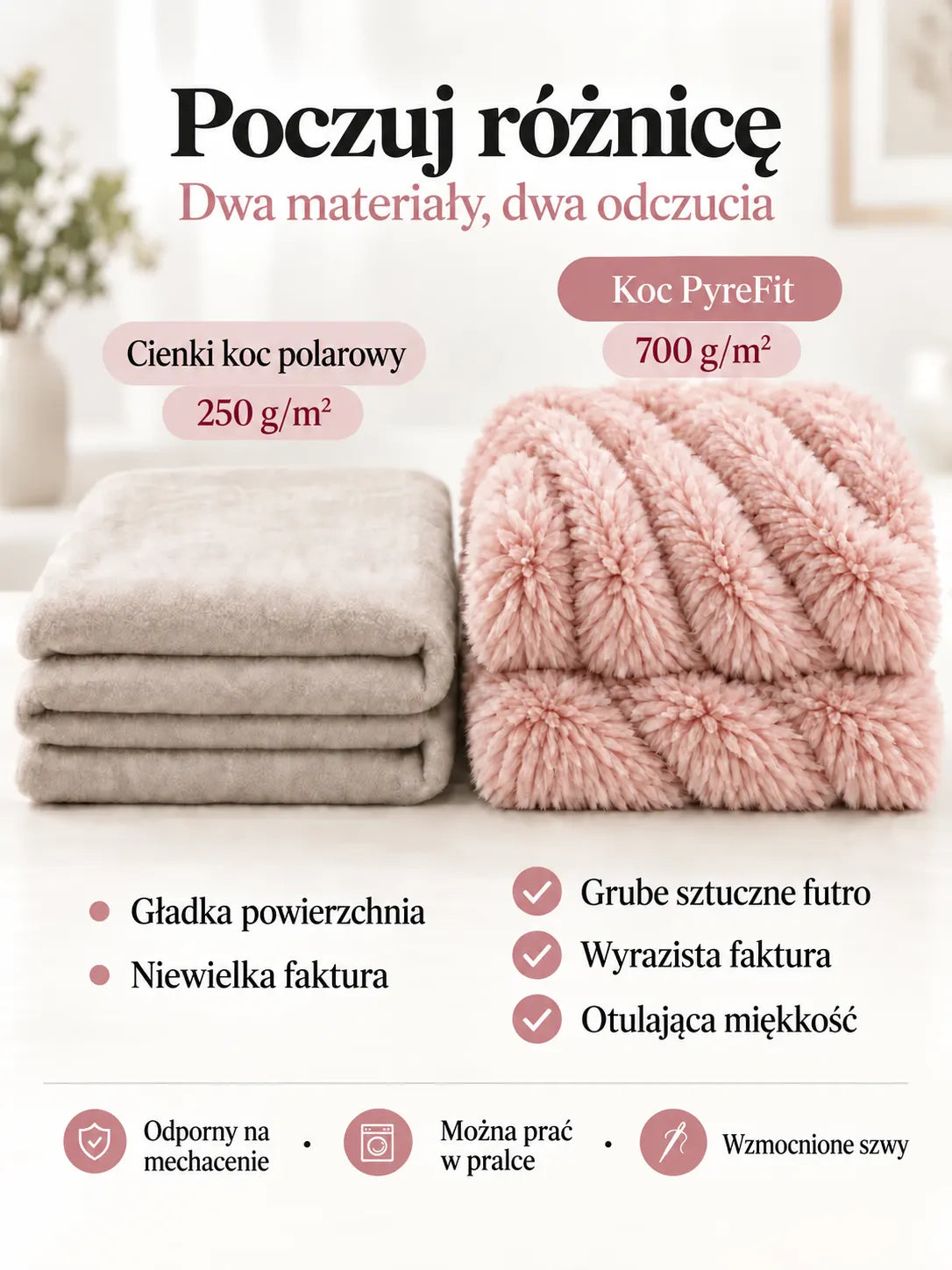 Porównanie materiałów koca Pudrowy róż