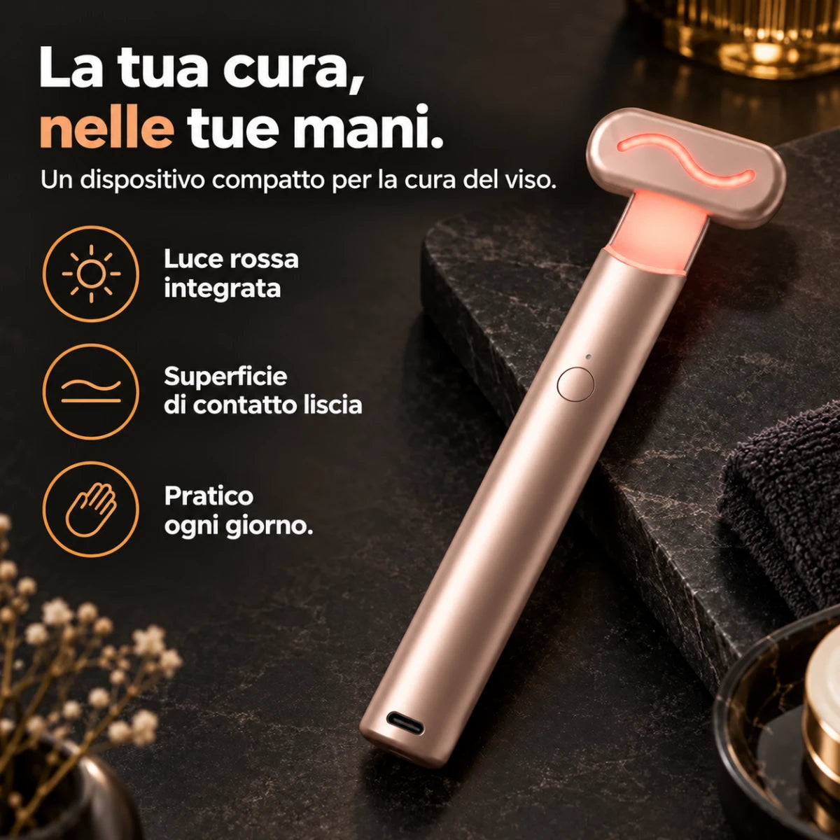 Dispositivo a luce rossa per il viso con impugnatura — vantaggi e dotazione