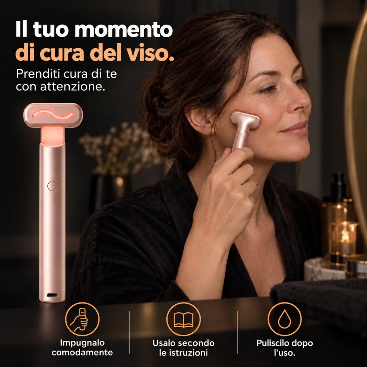 Dispositivo a luce rossa per il viso con impugnatura — utilizzo sulla guancia