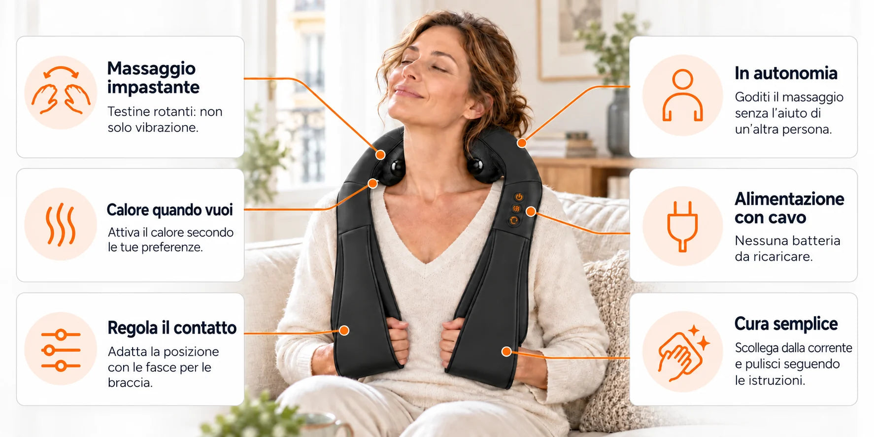 Massaggio shiatsu: movimento impastante, calore a scelta, contatto regolabile, uso autonomo, alimentazione con cavo e cura semplice